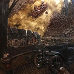 commissioned wax relief panel, scenes from “Wind in the willows” to be cast in bronze, sculpture by Justin Perlman